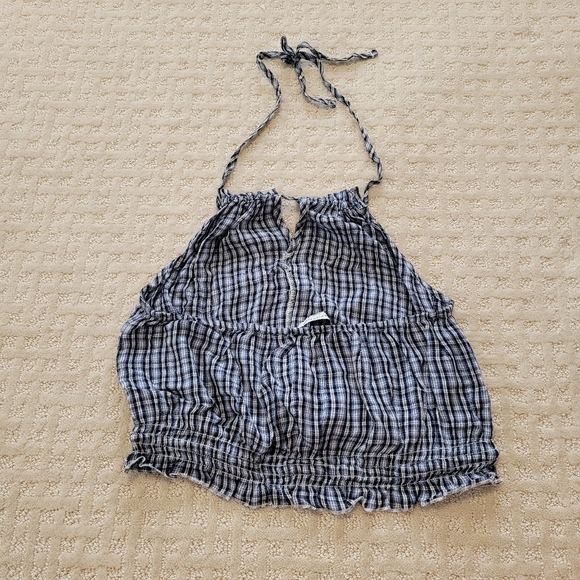 AMERICAN EAGLE Blue & White Plaid Halter Sleeveless Cropped Top - Picture 3 of 6